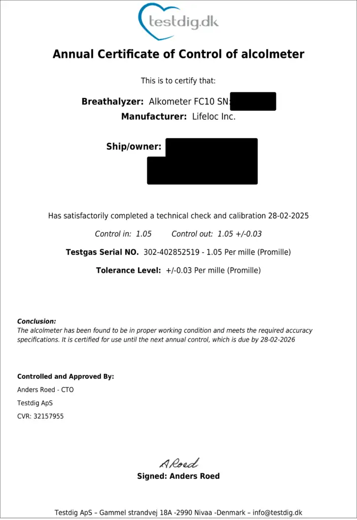 Certifikat alkometer